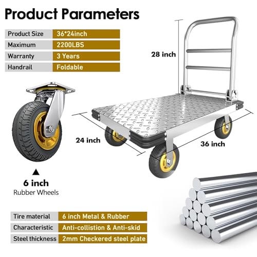 Heavy-Duty Platform Truck Cart Push Cart Dolly with 2200 lbs Capacity | Foldable Flatbed Cart with Swivel Wheel Large Steel Platform Dolly Cart for Groceries, Garage, Warehouse (36"X 24") - color: Silver - 36"x24" - 2000 Lbs