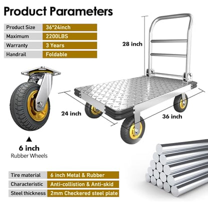 Heavy-Duty Platform Truck Cart Push Cart Dolly with 2200 lbs Capacity | Foldable Flatbed Cart with Swivel Wheel Large Steel Platform Dolly Cart for Groceries, Garage, Warehouse (36"X 24") - color: Silver - 36"x24" - 2000 Lbs