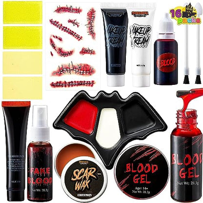 Spooktacular Creations 16 Pcs Halloween Family Makeup Kit Face Body Paint with Liquid Blood Gel, Fake Blood and More Easy On Makeup Set for Zombie Costume Cosplay Halloween Party Supplies