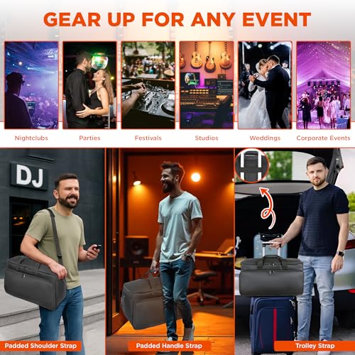 Large DJ Cable File Bag, Heavy Duty Gig Bag 17" Laptop Sleeve with Padded Dividers for Musicians, Professional Gear Cords, Microphone, Travel