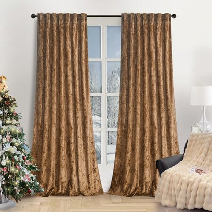 Lux Caramel Crushed Velvet Curtains 2 Panel Set - 84 inches Long Room Darkening Luxury Distressed Velvet Rod Pocket Window Drapes for Living Room Bedroom 52" W x 84" L - color: Caramel, size: 52"W x 84"L (Pack of 2)