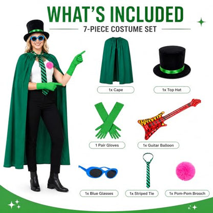 7 Pcs Green Costume Accessories Set Classic Cartoon Inspired Cape Top Hat Gloves Stripe Tie Sunglasses Inflatable Bass Halloween Cosplay Book Day Party Outfit Adults