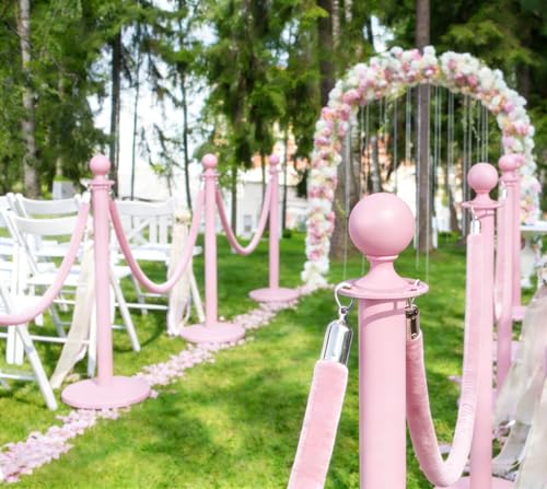 Pink Stanchions and Velvet Ropes 6pcs Stainless Steel Posts | 4pcs 5ft Pink Velvet Ropes Crowd Control Barriers with Durable Refillable Base for Wedding, Party & Exhibition Events - color: Pink, size: 6 PCS