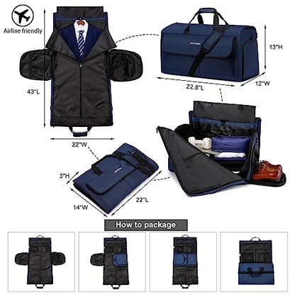 Convertible Garment Bags for Travel, Large Suit Bag Garment Duffle Bag with Shoulder Strap & Shoes Compartment, Carry On Garment Bag for Men Women-2 in 1 Hanging Suit Bags for Travel, Blue - color: Blue