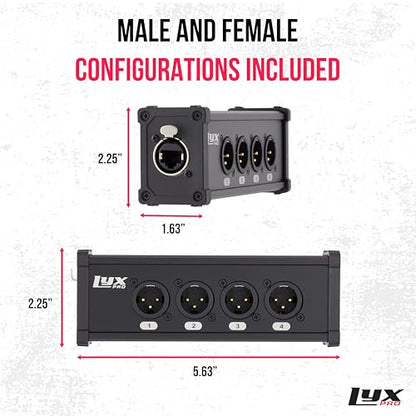 LyxPro 4-Channel Male XLR to RJ45 Ethercon Breakout Box, Ground Lift | 4 male 3-pin XLR channels over one Cat6 cable up to 330 ft; supports analog audio, AES & DMX with built-in ground lift. - size: Male - No Cables