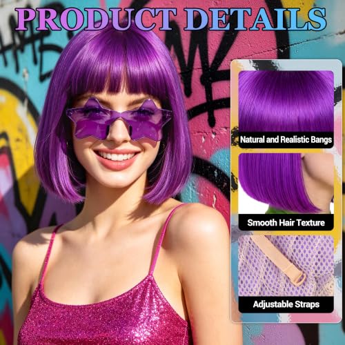 Short Bob Straight Hair Wigs with Bangs, Heat Resistant Fiber Hair, Star-shaped Glasses for Women (Purple-Red) - color: Purple-Red