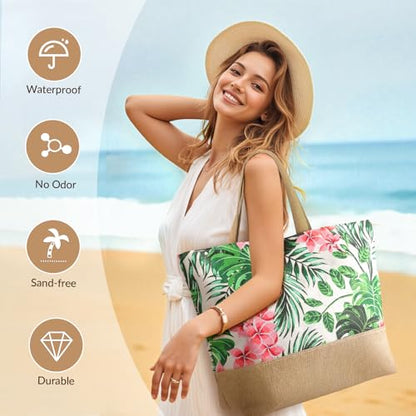 Trifabricy Beach Bags for Women,Waterproof Straw Beach Tote Bag With Zipper - color: Pink Floral