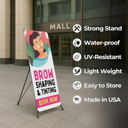 DreamController Lashes & Brows X-Stand Banner by DC | 30"x65" Adjustable Tripod Display | Brow Shaping Tinting Book Naw Vertical Banner for Trade Shows & Events | Made in USA | (Stand Not Included) - color: Brow Shaping Tinting Book Naw, size: X Banner -