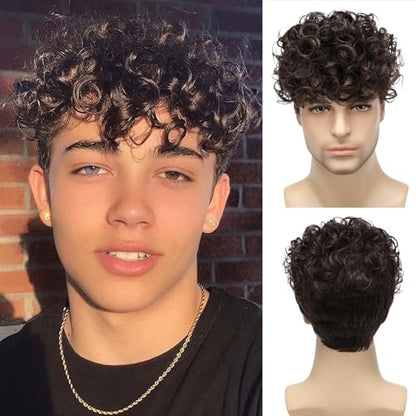Mens Curly Wigs Dack Brown Short Wig,Synthetic Heat Resistant Costume Wig Mens Daily Cosplay Party Halloween - color: C-Brown