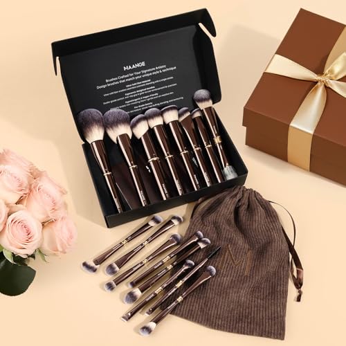 MAANGE Makeup Brushes 16Pcs Professional Foundation Powder Blush Contour Eyeshadows Double-End Makeup Brushes Set with Bag and Gift Box-CoffeeBrown - color: CoffeeBrown