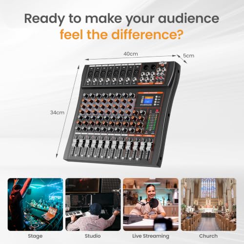 Audio Mixer Sound Board, Bluetooth Music Mixing Board (8 Channels) | 24 Bit Dsp Effects, Bluetooth 5.0 & USB Input, +48V Phantom Power, 3 Band EQ, PFL Monitor, Streaming, Podcast, Studio, Church - size: GP80