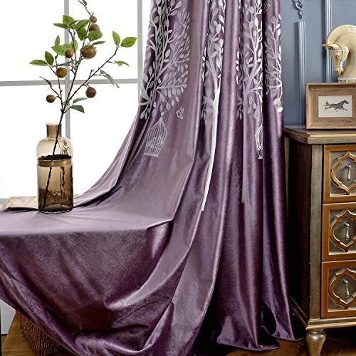 VOGOL Soft Flannel Trees Embroidered Grommet Curtains, Thermal Blackout Curtain Panels, Room Darkening Window Treatment for Living Room, 2 Pieces, W60 x L106 - color: Tree-purple