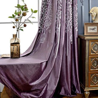 VOGOL Soft Flannel Trees Embroidered Grommet Curtains, Thermal Blackout Curtain Panels, Room Darkening Window Treatment for Living Room, 2 Pieces, W60 x L106 - color: Tree-purple