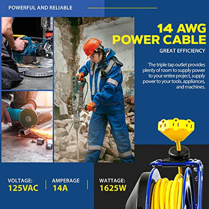 Goodyear Extension Cord Reel Retractable 14AWG x 100' Feet | 3C SJTOW Cable Triple Tap Connector Power Rating 125 Volt AC 13 Amp 1625 Watt Industrial Steel Single Arm