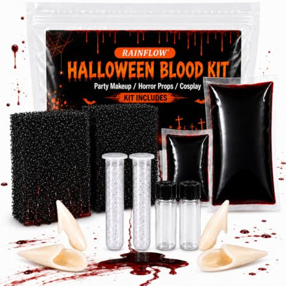 RAINFLOW 10PC Halloween Fake Blood Kit with Zombie Teeth for Cosplay Makeup | Zombie Teeth, Thermoplastic Beads, Fake Blood and Makeup Sponge for Cosplay Costume Special Effects Bruise Scar Makeup