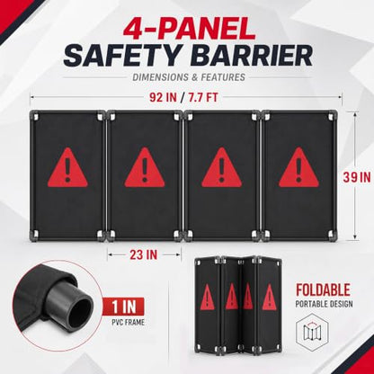 Sintuff 4 Panels 7.8ft Safety Barricade, Foldable Portable Privacy Screen, 39 x 92" Heavy-Duty PVC Frame with Black Oxford, Warning Sign Barrier for Crowd Control and Restricted Areas Traffic Fence
