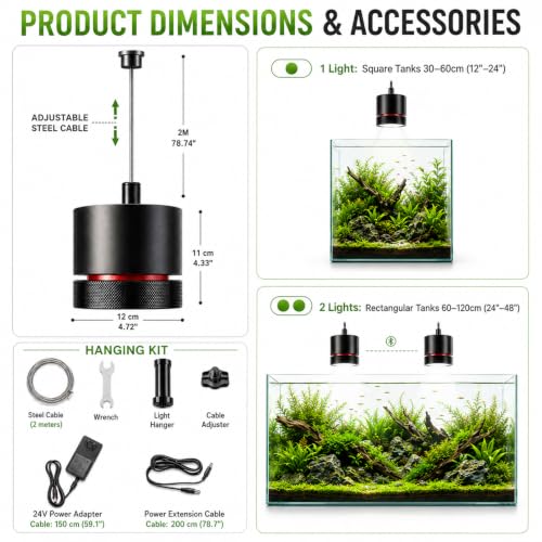 FZONE AXON 72W Aquarium Light WRGB Full Spectrum, APP Controlled LED Plant Light with Sunrise/Sunset, Freshwater Fish Tank Light for Planted Aquariums (Hanging Kit) - color: Green