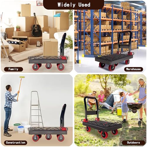 2IN1 42×26In Heavy Duty Platform Trucks Flatbed Carts | 2000lbs Capacity Push Cart Hand Dolly w/Detachable Solid Steel Wire Fence, Collapsible Cage, 5-Inch Silent TPR Wheels - size: 42" L X 26" W