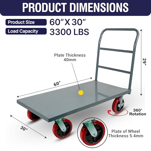 Flatbed Platform Cart 3300LB Industrial Dolly Heavy Duty 60” x 30” Hand Push Truck Super Heavy Duty Flatbed 8'' Locked Swivel Wheels Commercial Moving - color: Plain Cart-grey, size: 60 x 30 Inch