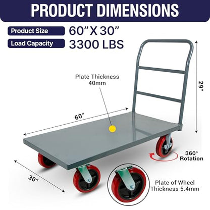 Flatbed Platform Cart 3300LB Industrial Dolly Heavy Duty 60” x 30” Hand Push Truck Super Heavy Duty Flatbed 8'' Locked Swivel Wheels Commercial Moving - color: Plain Cart-grey, size: 60 x 30 Inch