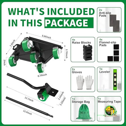 Heavy Duty Furniture Dolly 360 Rotate 5 Wheels 3400 Lbs Capacity 8.6x7.8 in | Upgraded Furniture Movers with Green Wheels, Measure Tape & Leveler, Alloy Steel Furniture Lifter Tool for Home & Office Uses - color: Green, size: 8.6x7.8 IN