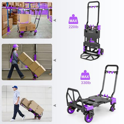 Folding Hand Truck Dolly, 330lb Convertible 4 to 2 Wheel Moving Cart,Purple | Dolly Cart with Retractable, Aluminum Alloy & Cast Iron Build, Nylon Wheels,Compact Fold,for Moving,Office,Delivery,Outdoor - size: 330LB Purple