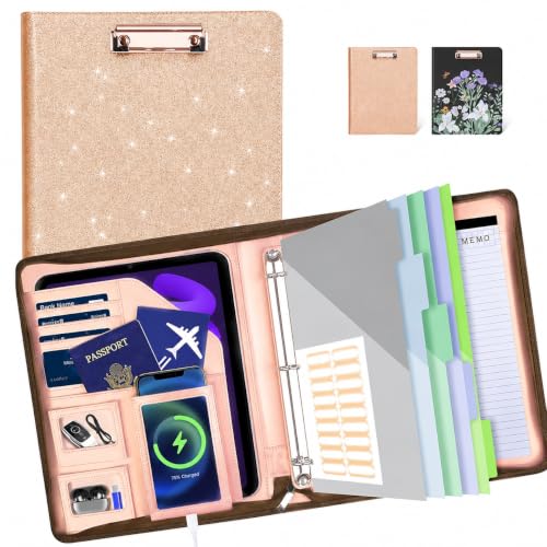 Leather Padfolio Portfolio with Clipboard Storage, Removable 3 Ring Binder 1 Inch Zipper Binder, Document Organizer for Women Men with Notepad, 5 Pocket Dividers, Pen Holder, Rose Gold - color: Rose Golden