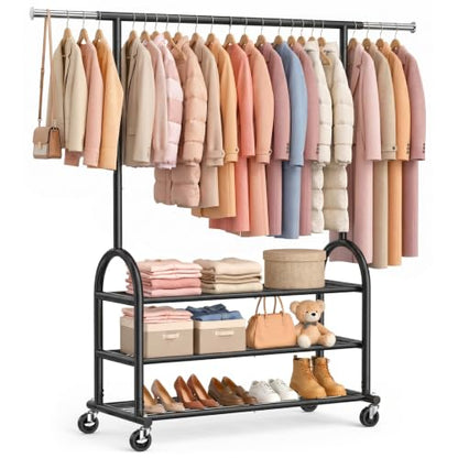 EAGMAK Rolling Clothes Rack Heavy Duty Clothing Racks with 3 Shelves, Black - color: Black, style: 3 Shelves