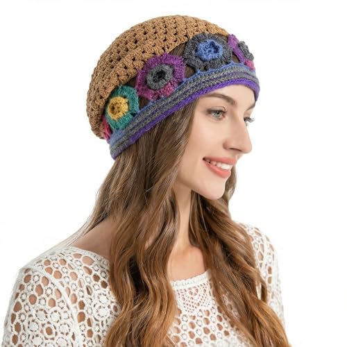 ZLYC Women Cotton Crochet Slouchy Beanie Hat Handmade Knit Summer Skull Cap | Lightweight breathable,boho casual chic look,travel photos festival party,café commute daily wear,beach concert gathering - color: Colorful Flower Shiny Brown