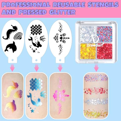Drawdart Professional Face Painting Kit for Kids Adults, Rainbow Split Cake Face Paint Palette 12 x 10gm+ 4 Colors Pro Pressed Glitter Eyeshadow Palette, with Brushes Sponges Gems Stencils - color: Faerie