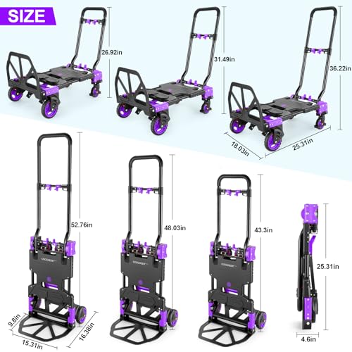 Folding Hand Truck Dolly, 330lb Convertible 4 to 2 Wheel Moving Cart,Purple | Dolly Cart with Retractable, Aluminum Alloy & Cast Iron Build, Nylon Wheels,Compact Fold,for Moving,Office,Delivery,Outdoor - size: 330LB Purple