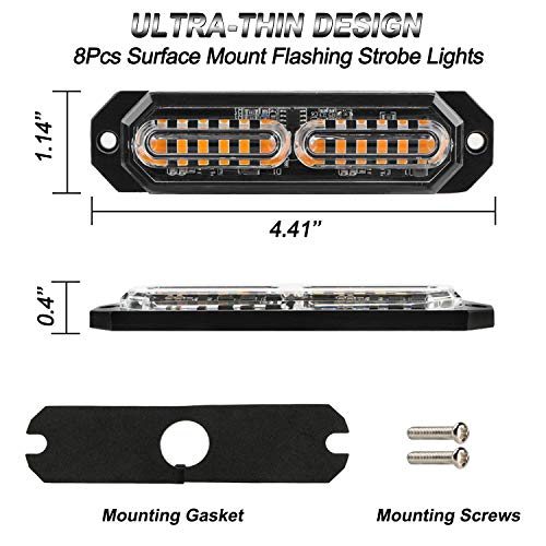 ASPL 8pcs Sync Feature Ultra Slim 12-LED Surface Mount Flashing Strobe Lights for Truck Car Vehicle LED Mini Grille Light Head Emergency Beacon Hazard Warning Lights (Amber) - color: Amber, size: 4.41L x 0.44W x 1.14H Inch