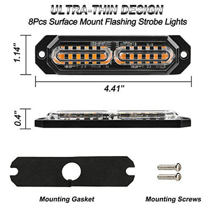 ASPL 8pcs Sync Feature Ultra Slim 12-LED Surface Mount Flashing Strobe Lights for Truck Car Vehicle LED Mini Grille Light Head Emergency Beacon Hazard Warning Lights (Amber) (Pack of 2) - color: Amber, size: 4.41L x 0.44W x 1.14H Inch (Pack of 2)