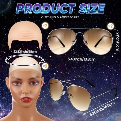 Mepase 6 Pcs Halloween Bald Cap with Glasses Bald Head Wig Cap Party Costume Accessories for Adults Women Men Cosplay - color: Wrinkle, style: Retro