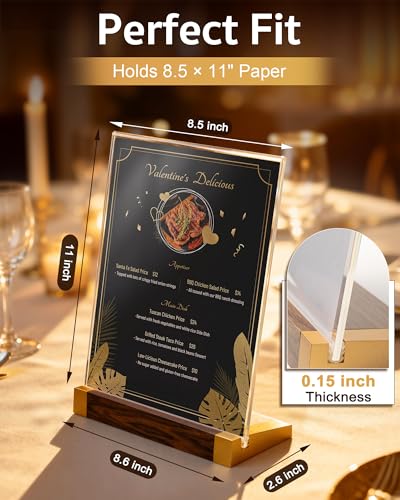 Acrylic Sign Holder 8.5 x 11 Inch with Walnut Wood Base, 1 Pack Clear Table Sign Holders for Tabletop Menu & Flyer Stand, Commercial Table Frames for Restaurant, Office, Coffee, Bar, Wedding, Hotel