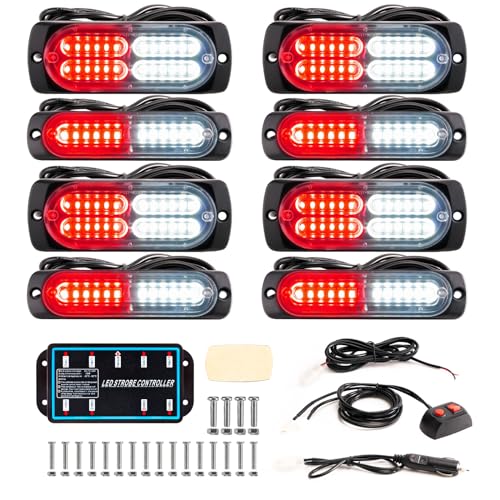8-pcs Sync Feature LED Emergency Strobe Lights Ultra Slim Grille Surface Mount Flashing Warning Hazard Light Bar w/Controller for Construction, Trucks, Vehicles, Car (R/W) - color: R/W, size: 8×4.5in