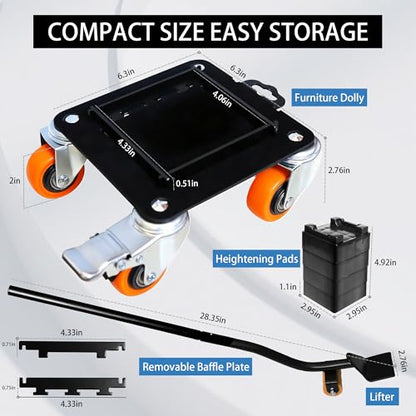 Carbon Steel Furniture Dolly, 3000 lb Capacity Heavy Duty Moving | Quiet floor-friendly Casters. Anti-rust durable Coating, Movers with Lifter, for moving pool table, safes, washing machines - color: Orange