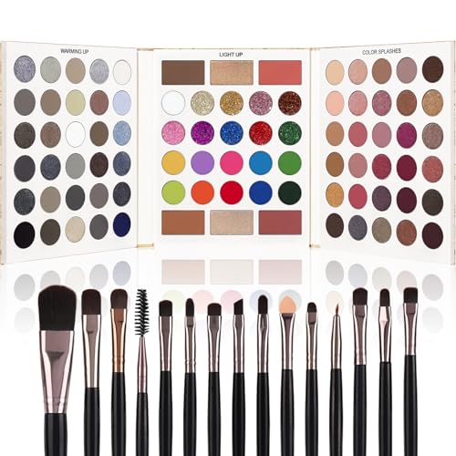 Black Grey Eyeshadow Makeup Palette + 15 Brushes Set, 86 Colors Matte Glitter Highly Pigmented Long Lasting Eye shadow, Blush, Contour, Highlighter All in One Make Up Kit for Halloween & Daily Use - color: Pretty All Set 3