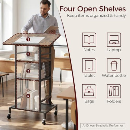 MAHANCRIS Podium Stand with Locking Wheels, 4-Tier Mobile Lectern with Storage Shelves and Non-Slip Lip, for Classroom, Church, Conference Standing Desk, Rustic Brown and Black LPHR6001 - color: Rustic Brown and Black