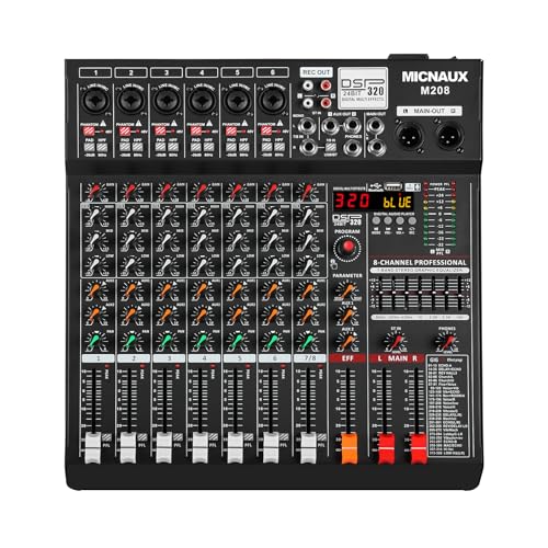 Audio Mixer 8 Channel Professional Sound Console Music Mixer with 320 DSP Effects, 7-band EQ DJ Mixing Board w/USB, Bluetooth, 48V Power Supply, PAD Button for Recording Karaoke PA Drum Live - size: 8 Channel - 13.3in