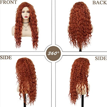 Long Ginger Red Curly Wig Merida Costume Fluffy Waves Free Part Hairline - color: Red