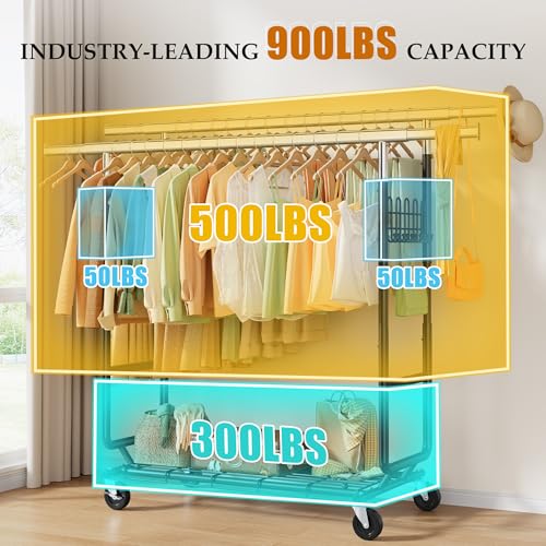 Gewudraw Clothes Rack Heavy Duty Load 900 Lbs With Wheels, Double Rod,Black | Rolling Clothing Rack, Adjustable Height, Extendable Rod, Portable, Collapsible, Shelf, Hooks,for Wardrobe,Bedroom,Commercial - color: Black, style: Double Rod