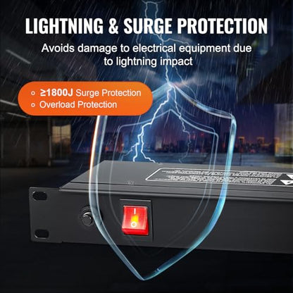 VEVOR 8 Outlet Horizontal 1U Rack Mount PDU Power Strip for Network Server Racks, Surge Protection & Overload Protection, 110-125V/15A, with 6ft 14AWG Power Cord - style: 8 Outlet-Individual Switches