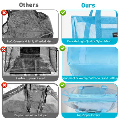 Mesh Beach Bag - Large Waterproof Beach Tote Bag with Zipper | Oversized Foldable Lightweight Family Swim Bag Vacation - color: Blue