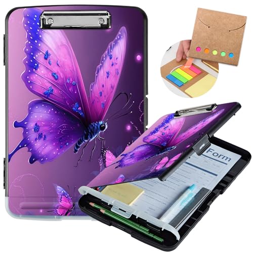 Clipboard with Storage,Heavy Duty Plastic Storage Clipboard with Low Profile Clip,Teacher Must Haves,Office Supplies,Blue Pink Butterfly - color: Blue Pink Butterfly, size: Clipboard B