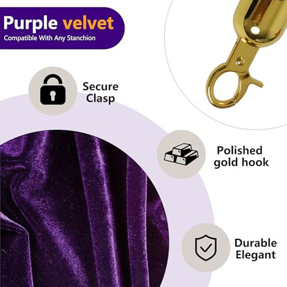 5 Feet Purple Velvet Hanging Ropes with Gold Color Plated Hooks(1PCS) - color: Purple-5 Feet-Gold Plated Hooks-1PCS