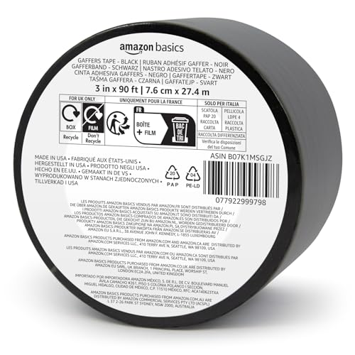 Amazon Basics No Residue, Non-Reflective Gaffers Tape for Photography and Filming, Removable Strong Adhesive for Cords, 3 inch x 90 feet, Black - color: Black, size: 3" x 90'
