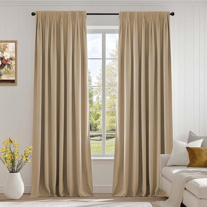 Lazzzy Cream Velvet Curtains 96 Inch Long Pinch Pleated Room Darkening Drapes Luxury Back Tab Thermal Insulated Window Treatments for Bedroom Living Room 2 Panels, 52 x 96 Inch, Latte - color: Latte, size: 52"W x 96"L (Pack of 2)