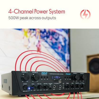 Pyle 4-Channel Audio Amplifier with Bluetooth - Home Stereo Receiver w/ 500W Max Power - Commercial or Karaoke - Dual Mic Input with Echo, Vol, Talk-Over - AUX In - Sub Out - USB-A MP3 Player, AM/FM