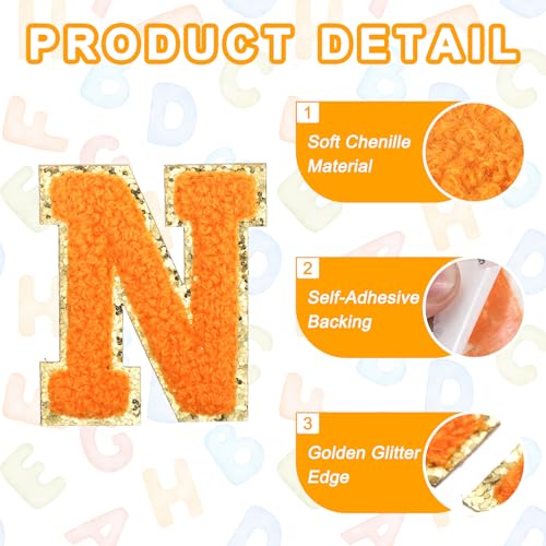 MECCANIXITY Chenille Letter Patches 2.2" Self Adhesive Alphabet N Stick on Embroidered Patch Sew on Letter Stickers Applique for Repairing Clothing Jeans Shoes Hats DIY(Orange, Pack of 2) - style: Letter-N